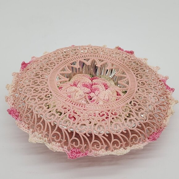 Handmade Kitschy Wall Hanging Crochet Flower Aluminum Bowl Pink Plastic Doily VT - Picture 1 of 8